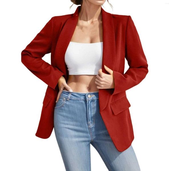 Chaquetas de mujer Blazer abrigo Vintage sólido solapa traje chaqueta cárdigan oficina de negocios señora Tops rojos prendas de vestir exteriores para mujer Veste Femme
