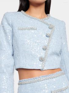 Vestes pour femmes bling hingestone sequins veste femme 2024 Spring Sweet Tweed Coat O cou manche longue mode bleu court