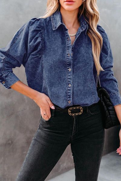 Vestes pour femmes Blue Puff Sleeve Button-Up Denim Veste pour femmes Automne Long Jeans Manteau