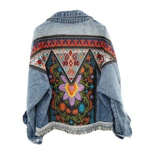 Chaquetas de mujer Estilo bohemio bordado chaqueta de mezclilla abrigo mujer Vintage gran bolsillo vaquero prendas de vestir exteriores sueltas Casual manga larga Jeans chaquetas femeninas 231130