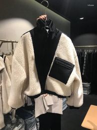 Vestes Femmes Bomber Veste Femmes Chaquetas Vêtements Jaquetas Cordon De Serrage Col Fermeture À Glissière Contraste Laine D'agneau Manteau Occasionnel Sweats À Capuche Top Y2k