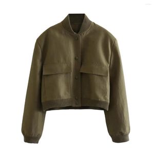 Vestes Femme Bomber Veste Femme Kaki Armée Vert Lâche Recadrée Manteau Survêtement Décontracté Mode Coréenne Chic Basique Vintage Poche Rétro Y2k