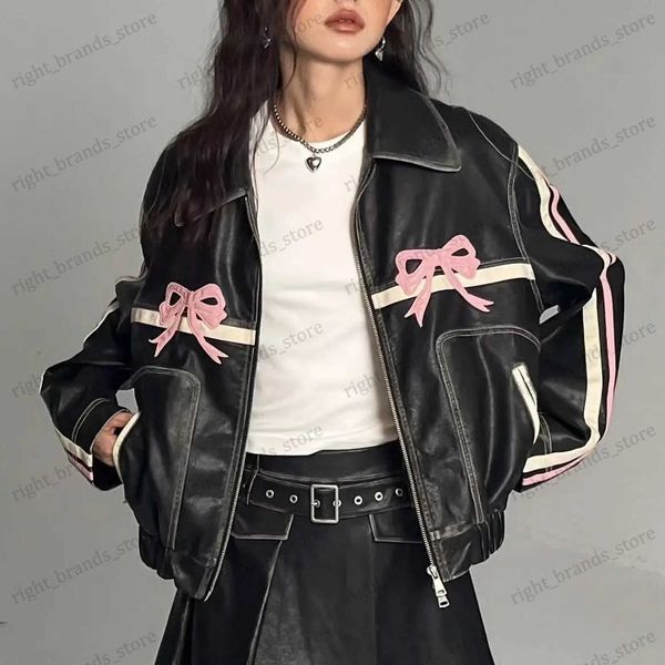 Vestes Femme Bow Harajuku Racing Dress Femmes Bomber Vestes Hip-Hop Hiver Mode Coréenne Rétro Pardessus Lâche Conception Zipper Manteaux T240122