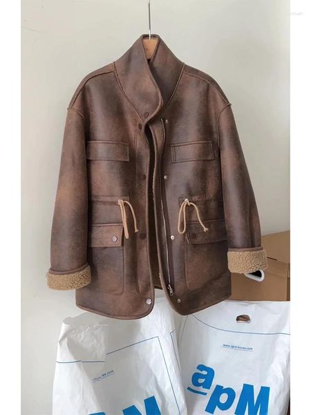 Vestes pour femmes manteau en cuir marron Pu Jacket Fashion Vintage à manches longues manteaux de moto harajuku tenues Y2K 90S 2000s