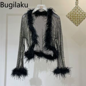 Vestes pour femmes Bugilaku plumes patchwork mode femmes col en V à manches longues voir à travers sexy point ouvert couleur unie évider manteaux 230815