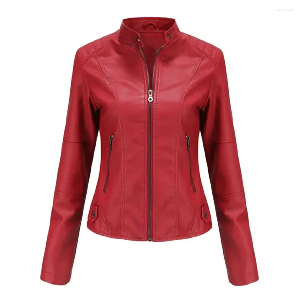 Vestes pour femmes veste à col boutonné élégant en simili cuir motard coupe ajustée manteau coupe-vent avec poches fermeture éclair