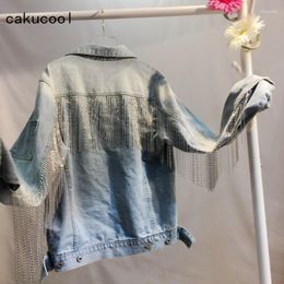 Vestes pour femmes cakucool veste denim tassels chaînes jeans corean lâche jean mimert punk moteur de design filles occasionnelles filles extérieures