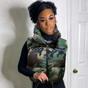 Vestes Femmes Camouflage Puffer Gilet Femmes Sans Manches Camo Bubble Manteaux Parkas Down Cordon Haute Taille Gilets Coton Culture 231205