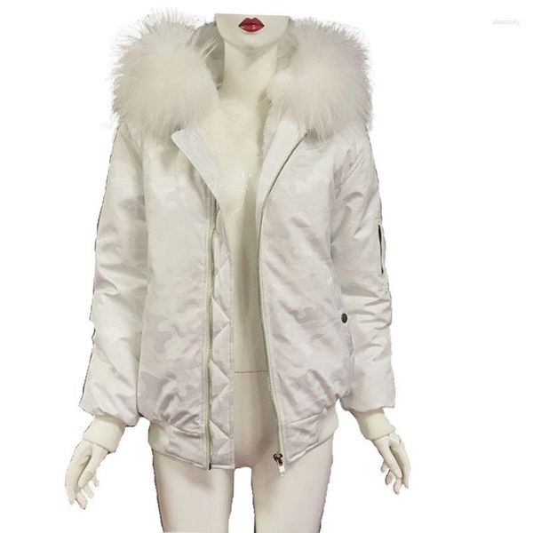 Chaquetas de mujer, uniforme de béisbol blanco de camuflaje, chaqueta de piel sintética para mujer, cuello de mapache Real, S-4XL extraíble