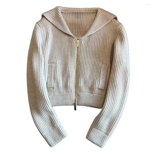 Chaquetas de mujer Cárdigan Abrigo Cuello marinero Versión corta ajustada Diseño de rayas de color sólido Cálido y cómodo Otoño / Invierno 2024