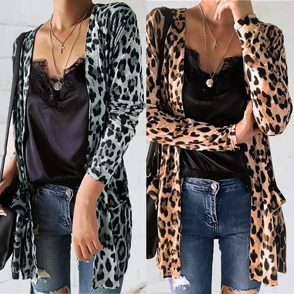 Chaquetas de mujer Cárdigan estampado de leopardo chaqueta informal de manga larga para mujer otoño 2022 cuello en V prendas de vestir de punto abierto