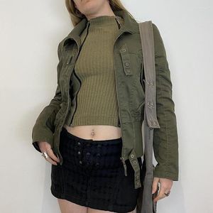 Vestes pour femmes Style Cargo rétro armée vert automne col montant manches longues coupe ajustée vêtements Chic femmes Y2K Vintage manteaux zippés