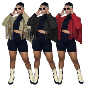 Damesjacks Casaul Dames Tassel Patchwork Jacket High Streetwear Down Collar Full Sleeve Short Coat Winter Desse Boutiqure