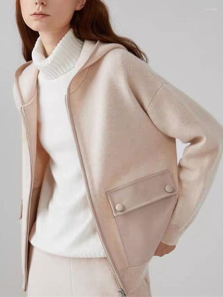 Chaquetas de mujer Cashmere Mujeres 2 colores Chaqueta con capucha Manga larga Cremallera Moda All-Match 2023 Otoño Invierno Abrigo de mujer con bolsillos