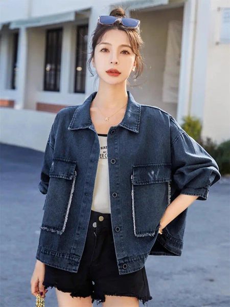 Vestes Femmes Casual Loose Denim Veste Femme 2023 Classique Printemps et Automne Élégant Design de Revers Manteau Court Chiffre Patch Jeans Jaqueta