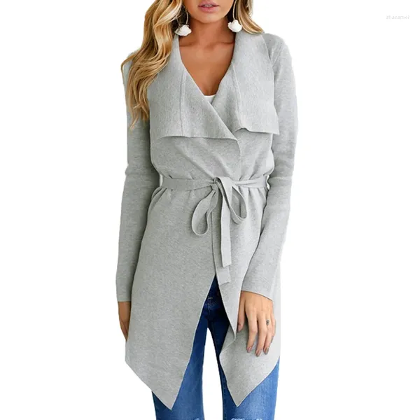 Jackets para mujeres Caza casual para mujer 2023 Fashion Office Lady Belt Cardigan Mezcla Autumn Blend Long Coat Solid Turn-Down Collar Chaqueta Outerwear