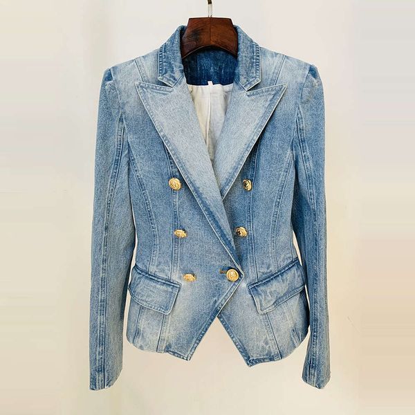 Jackets de mujeres Celebrity Fit Slim Double Breaded Lion Botón Denim Traje de mezclilla