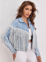 Vestes Femmes CharmingTrend Veste Femmes Mode Gland Épissé Denim Veste À Manches Longues Manteau Vintage Cardigan Bleu Veste Courte 230912