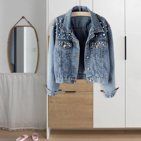 Jackets para mujeres Chic Coat Autumn Tipo suelto Avistable Cardigan Imitación IMitation Pearl Lady Denim Jacket Tamaño grande