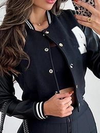 Vestes Femmes Chic Baseball Pour Femmes Lettre Motif Rayé Boutonné Veste En Cuir PU Manches Longues Poche Quotidienne Femme Vêtements