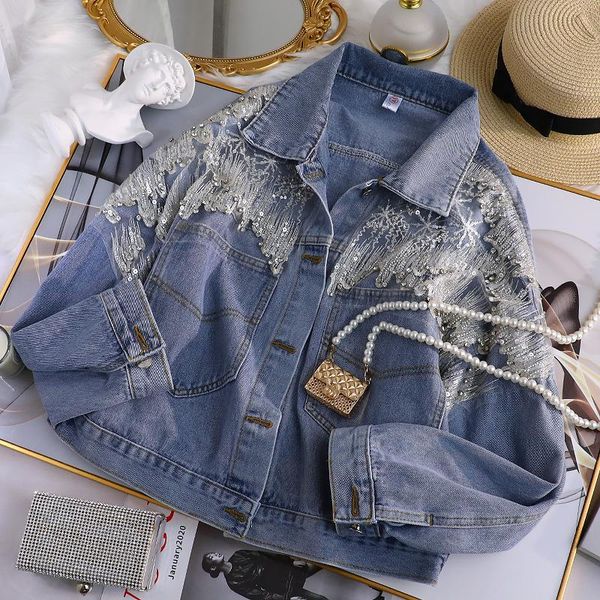 Chaquetas de mujer Chic Denim Chaqueta Abrigo Mujeres 2022 Primavera Ropa de verano Exquisito Rhinestone Lentejuelas Sueltas Jeans de gran tamaño Chaqueta Mujer