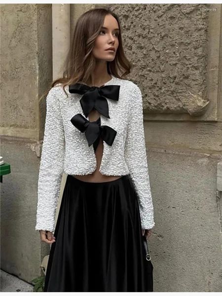 Vestes Femmes Chic Lady Bow Cordon De Serrage Avant Fly Blanc O-Cou Veste Lâche Tops Élégant Girl Club Style Brillant Paillettes Noir Court Outwear