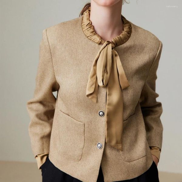 Vestes Femmes Chic Épissage Bow Cou Élégant Bureau Lady Tweed Veste Automne Hiver Manteau Court Tout-Match Femmes Vêtements D'extérieur Mode Coréenne