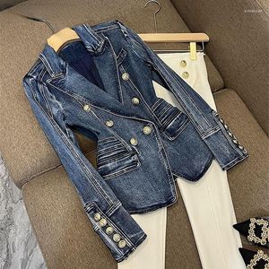 Vestes pour femmes Chic femmes Double boutonnage taille mince Demin Blazers manteau printemps Cowboy Cardigan OL col rabattu Jeans veste Outwear