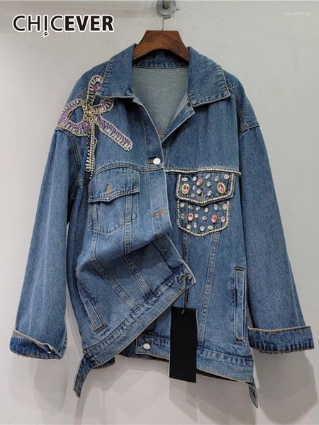 Chaquetas de mujer CHICEVER Patchwork bordado bengalas para mujeres solapa manga larga solo pecho casual hit color denim abrigos femeninos