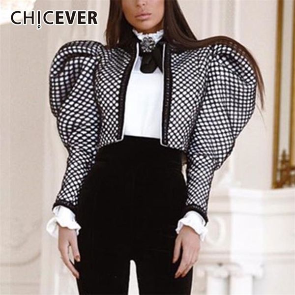 Vestes Femmes Chicever Plaid Manteaux pour femmes Collier papillon Puff manches longues Ruché Court Streetwear Femme Automne Vêtements 220919