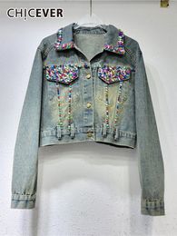 Damesjacks chicever lente doen oud voor vrouwen revers lange mouw met lange mouwen met één borsten gesplitste diamanten vintage hit kleur denim jas vrouw 230821