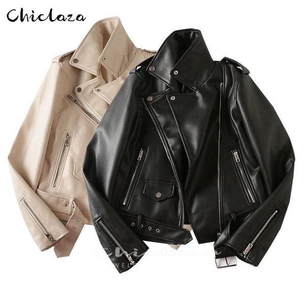 Chaquetas de mujer CHICLAZA Mujer Primavera Otoño Negro Verde Chaqueta de cuero de imitación Cremallera informal con cinturón Biker Coat Mujer Azul Outwear Ladies 220926