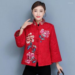 Vestes pour femmes Chinois Coton Rembourré Veste Style Ethnique Femmes Hiver Court Rouge Tang Manteau Casual Col Montant Matelassé Parkas Survêtement