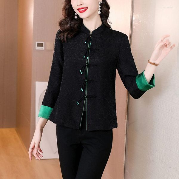Chaquetas de mujer estilo chino Chaqueta corta de seda negra señoras 2023 otoño hebilla Retro elegante abrigo de mujer Tops H2146
