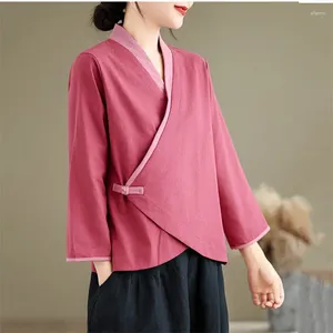 Damesjassen Chinese stijl Kleurblok Diagonale kraag knop Zen Kleding Top Art Fashion Shirt Summer Linnen Jacket K830