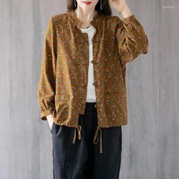 Vestes pour femmes de style chinois en lin en coton manteau manteau rétro à manches longues florales art top printemps et automne cardigan féminin
