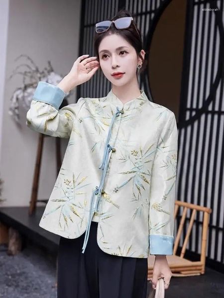 Chaquetas de mujer Estilo chino Hanfu mejorado Exquisita chaqueta de jacquard de bambú para mujer Retro Cuello alto Elegante Traje suelto casual Tang
