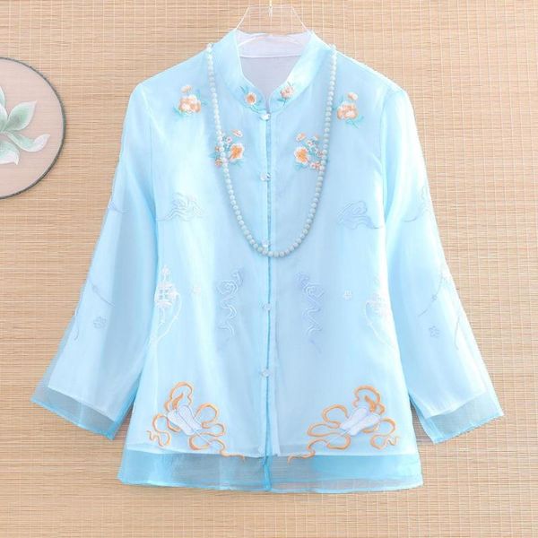 Vestes pour femmes Style chinois col montant manteau court pour femmes printemps et été Organza petite fleur nuage brodé haut pour femme S-XXL