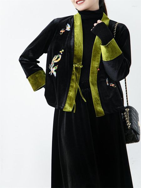 Chaquetas de mujer estilo chino mujeres vintage con cuello en v hebilla suelta retro terciopelo cardigan negro elegante fénix chaqueta corta de gran tamaño