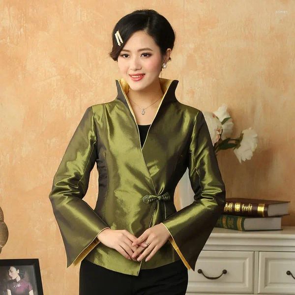 Vestes Femmes Chinois Vintage Style Femmes Satin Manteau Single Noeud Bouton Diagonal Placket Design Vert Rouge Noir Trompette Manches Tenue