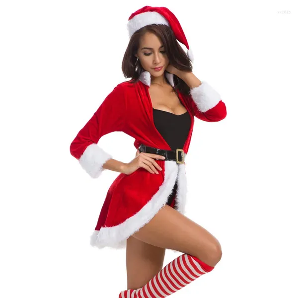 Chaquetas de mujer Chaqueta de Navidad Mujeres Ropa de invierno Adorno de felpa Manga larga Abrigo frontal abierto Tops con body Santa Hat Cinturón Cosplay