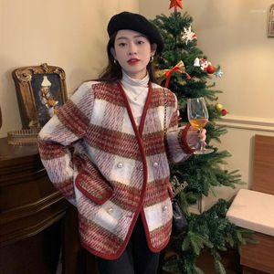 Vrouwen Jassen Kerst Rode Tweed Jas Herfst Winter 2023 Stijl Kleine Geur Verdikte Katoen Plaid Lange Mouw Blouse Vrouwen