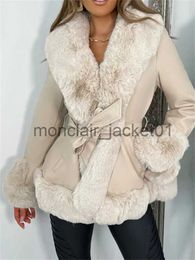 Jaquetas femininas Chronstyle Fur Patchwork PU Jaqueta de Couro Mulheres Moda Contraste Cor Pelúcia Collar Inverno Cardigan Quente com Cinto Outwear 2022 J231011