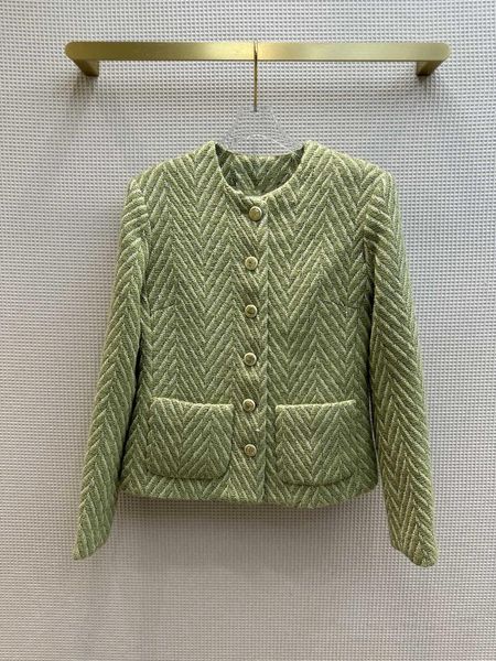 Chaquetas de mujer Abrigo verde con cuello redondo de tweed grueso y tejido de lana