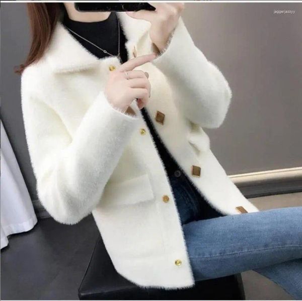 Chaquetas de mujer abrigo 2023 versión coreana de invierno imitación de terciopelo de visón traje cuello de manga larga bolsillo chaqueta cárdigan de hada suelta