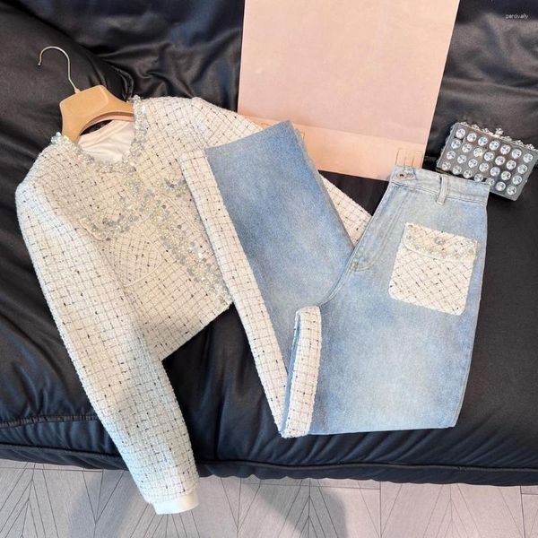 Vestes Femmes Manteau Tissé À La Main O-cou Tweed Femmes À Boutonnage Veste De Perles Élégant Exquis Laine Jeans À Paillettes