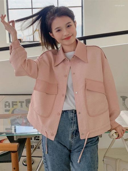 Chaquetas de mujer abrigo primavera y otoño 2023 camiseta de béisbol rosa coreana dulce corto Vintage Top