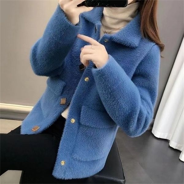 Vestes pour femmes manteau hiver version coréenne imitation vison velours costume col à manches longues poche lâche fée cardigan veste 221109