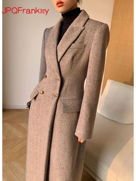Vestes pour femmes couleur café costume en laine automne et hiver rétro haut de gamme tempérament taille longueur manteau femmes veste 230920