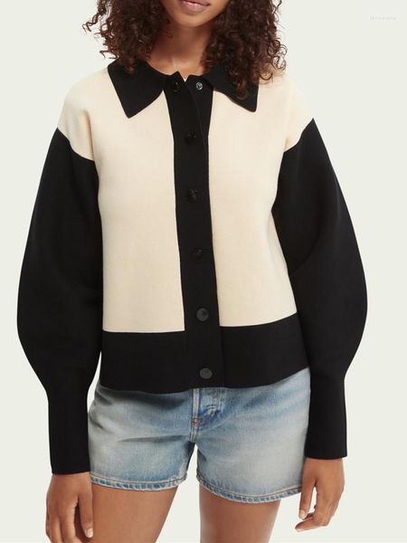 Chaquetas de mujer, chaqueta de punto de retazos de Color para mujer, cuello vuelto, otoño 2023, suéter de manga larga que combina con todo para mujer, abrigo de tipo corto